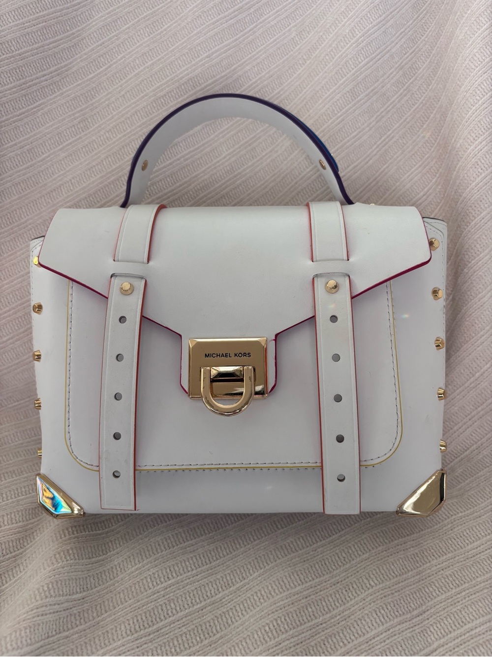 Michael Kors White Leather Top-Handle Satchel with Gold Hardware